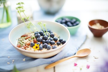 blueberries and oatmeal in breakfast bowl