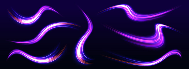 Long exposure of motorways as speed. Neon spiral lines in yellow blue and purple colors. Image of speed motion on the road.	