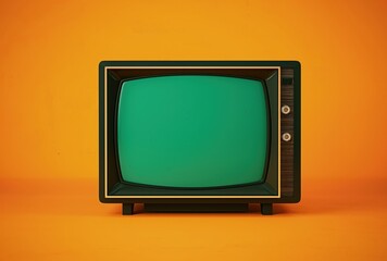 Old Television With Green Screen on Yellow Background