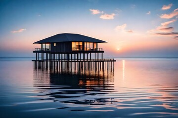 As dawn breaks, capturing the first light of the day, the stilted bungalow stands serene, mirrored perfectly in the glassy ocean below, painting a tranquil picture of solitude.