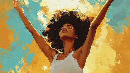 Young mulatto woman raising her hands in triumph - obrazy, fototapety, plakaty