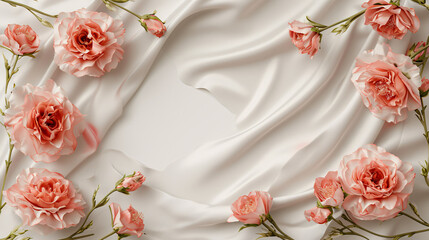 rose frame, Rose border, silk pattern, Blush Rose Silk Elegance, Delicate Floral Fabric Design, Soft Petal Drapery, Sophisticated Textile Composition, copyspace,  luxurious background