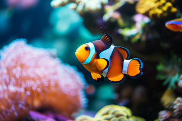 Beautiful colorful sea fish live in an aquarium among various algae and corals. Rare fish s Red Amphiprion Clown fish.