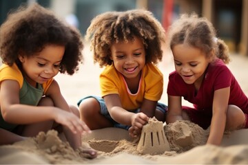 Group of kids playing with sand on playground. Children building sand castle. Sandbox. Childhood Concept with a Copy Space.	