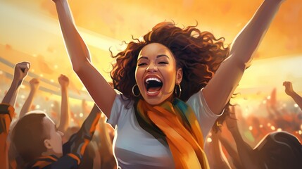 Young woman rejoicing in the team's victory.