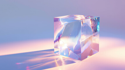 3d crystal glass cube with refraction and holograph - obrazy, fototapety, plakaty