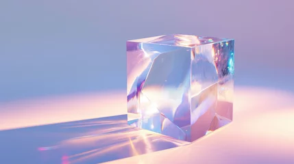 Fotobehang 3d crystal glass cube with refraction and holograph © Sattawat