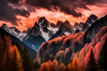 A dramatic sky painting over the jagged peaks of the Bavarian Alps, tinged with hues of orange and...