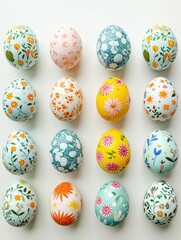 Easter eggs with hand drawn in rows on white background, holiday pattern.