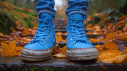 Bright blue sneakers on autumn leaves-covered steps