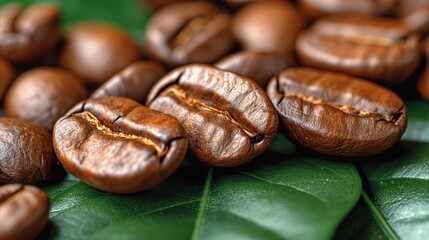 Close-up of roasted coffee beans on green leaf, aromatic freshness