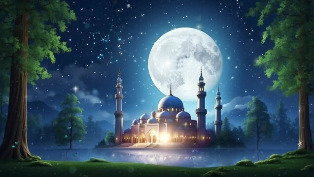 The mosque is in the middle of the forest at night. Cartoon and anime vector painting illustration hand drawn style. Looping video 4k with animation background.