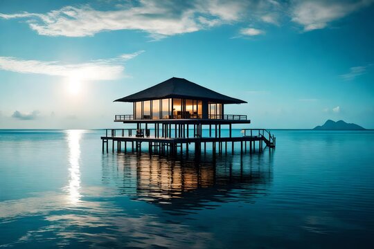 The overwater bungalow stands majestically, its stilts mirrored flawlessly in the calm, mirror-like ocean, painting a serene and peaceful vista.