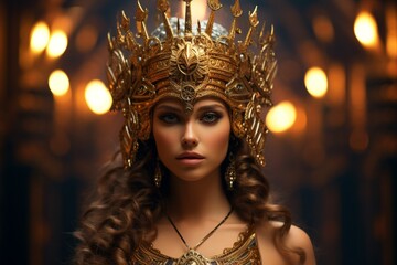 A woman with gold jewelry and a gold headdress posing for a photo - obrazy, fototapety, plakaty