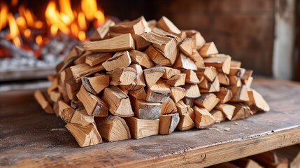 Stacked firewood on table with warm fireplace in background