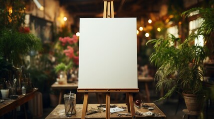 A thick white painting stands on the floor with art supplies, blank canvas 