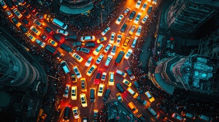 Drone Shot of a Crowded Urban Electric Car Rally, capturing the energy and color of sustainable transportation at dawn. Traffic jam. - obrazy, fototapety, plakaty