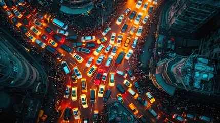Foto op Plexiglas Drone Shot of a Crowded Urban Electric Car Rally, capturing the energy and color of sustainable transportation at dawn. Traffic jam. © Татьяна Креминская