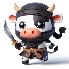 3d cute cow in ninja armor, white background.
