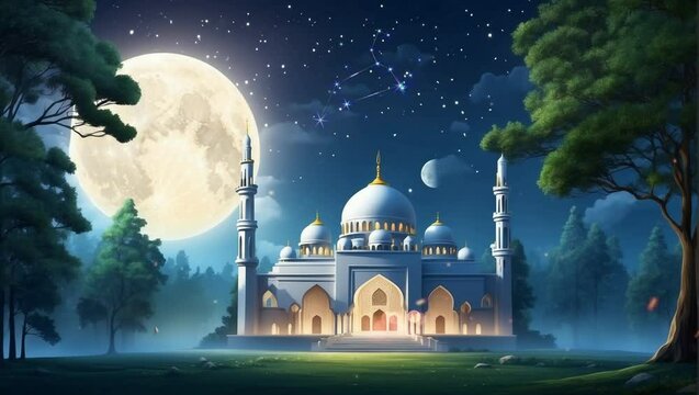 The mosque is in the middle of the forest at night. Cartoon and anime vector painting illustration hand drawn style. Looping video 4k with animation background.