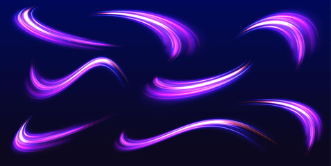 Big set of neon speeds in the form of a road of different light colors. Rotating dynamic neon circle. Colored shiny sparks of spiral wave. Expressway, the effect of car headlights.	