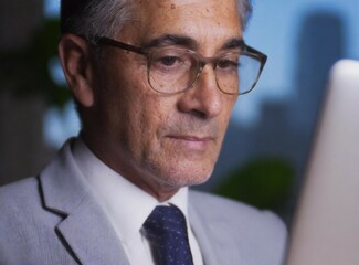 Latin mature businessman work at office, face closeup portrait