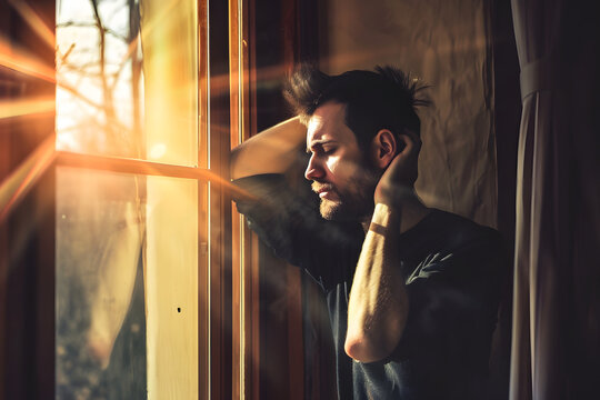 Tr&uuml;be Gedanken im Sonnenlicht: Mann in der Trostlosigkeit eines sonnigen Tages