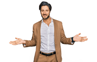 Young hispanic man wearing business clothes smiling showing both hands open palms, presenting and advertising comparison and balance