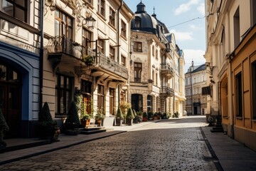 Old town street view in Lviv, Ukraine. Lviv is the capital and largest city of Ukraine. - obrazy, fototapety, plakaty