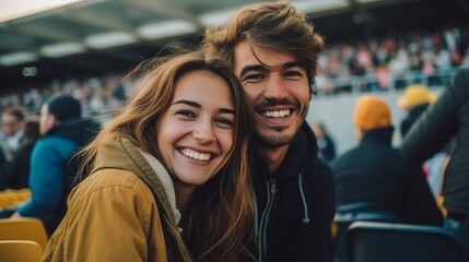 Beautiful smiling couple sitting in a stadium watching a sports event. Portrait of a young couple at a major sports game. Cheerful pair on a date at the stadium. Couple together at a show.