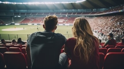 Silhouette of a beautiful couple sitting in a stadium watching a sports event. Young couple at a major sports game. Silhouette of a romantic pair on a date at the stadium. Couple together at a show.