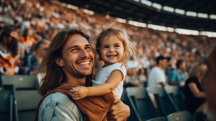 Fototapeta premium Beautiful smiling family in a stadium watching a sports event. Father and daughter at a game. Portrait of a young happy family at a major sports game.