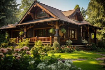 Wooden house in the park. Beautiful summer garden with flowers.