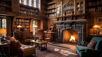 Interior of an old library with bookshelves and a fireplace