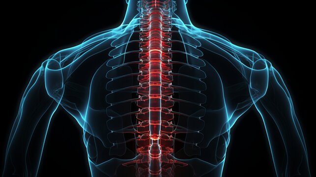 Male anatomy   inflamed lumbar spine   medical illustration with highlighted structures