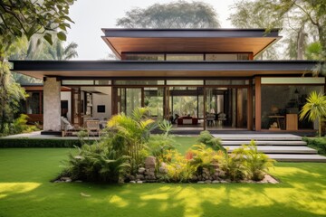 Exterior view of modern cozy house with garden and swimming pool.