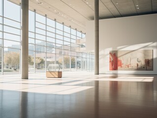 Contemporary art gallery interior with empty poster and sunlight. Mock up, 3D Rendering