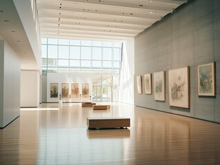 Interior of modern art gallery with paintings on the walls. 3d rendering