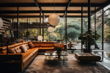 Interior of modern living room with brown sofa and coffee table.