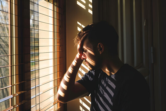 Tr&uuml;be Gedanken im Sonnenlicht: Mann in der Trostlosigkeit eines sonnigen Tages