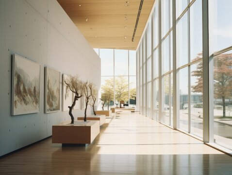 Interior of modern gallery with white walls, wooden floor and rows of paintings. 3d rendering