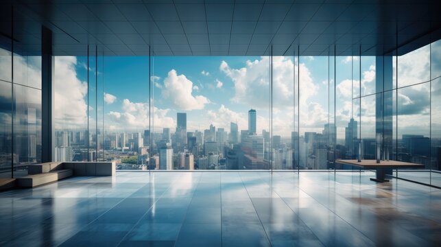 Fototapeta Panoramic view of the city from the window of a modern office building