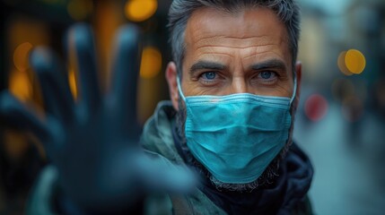 Homme avec un masque médical covid mettant sa main devant lui pour signaler de s'arrêter ou stop. Man with a protective covid medical mask putting his hand in front of him to signal to stop. - obrazy, fototapety, plakaty
