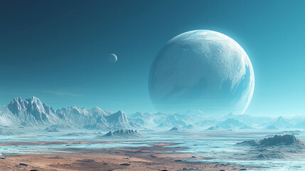 A panoramic view of an alien planet with distinct geological features.