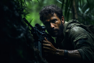 Fototapeta premium A vivid narrative of guerrilla warfare in dense jungles - showcasing asymmetric combat - the cunning tactics of rebel groups