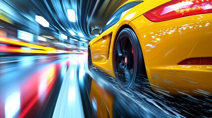 Dynamic high-speed motion blur of a vibrant yellow sports car on a city road