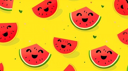 cute fruit pattern smiling watermelon on yellow background. generative ai
