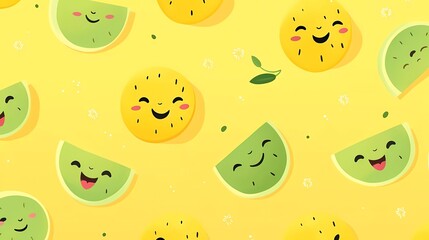 cute fruit pattern smiling watermelon on yellow background. generative ai