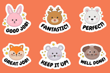 Kid's reward stickers collection with cute funny animals. Award, achievement, encouraging, labels for motivation of success. Useful for teacher, reward for children. Good job, great, amazing, perfect.