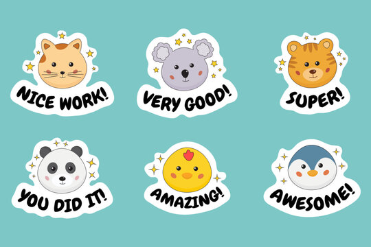 Nice work, well done, good job stickers for kids, reward, achievement for motivating, encouraging learning, studding, good behavior, homework. Appreciation labels for children with cute animals.